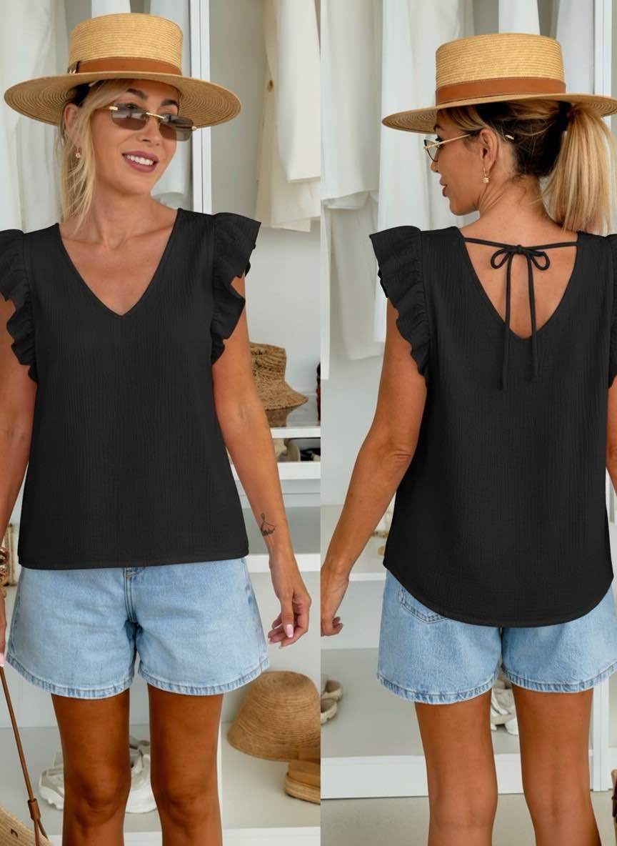 Top Femme Gaze de Coton | Nœud au Dos & Manches Volantes | Made in Italy | Noir & Beige