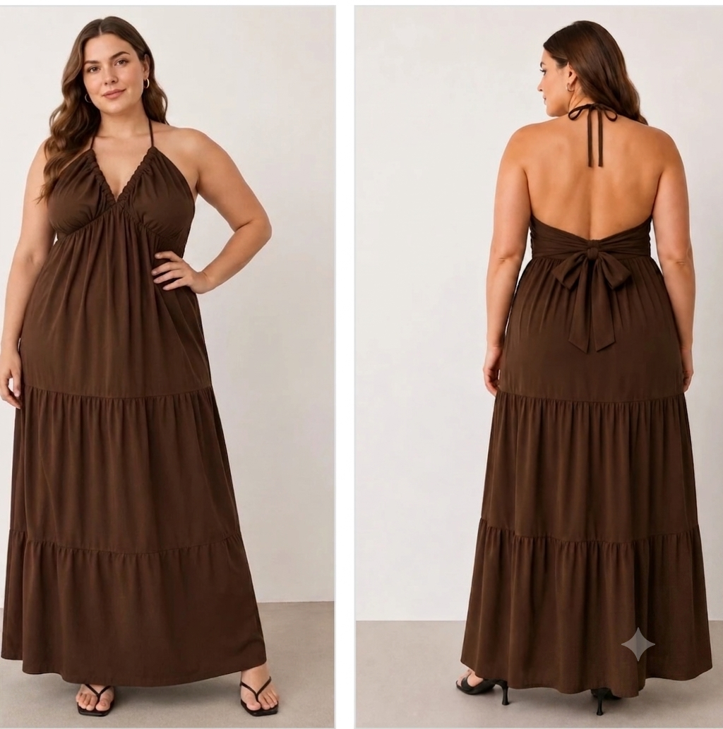 Grande taille Robe longue dos nu noeud marron