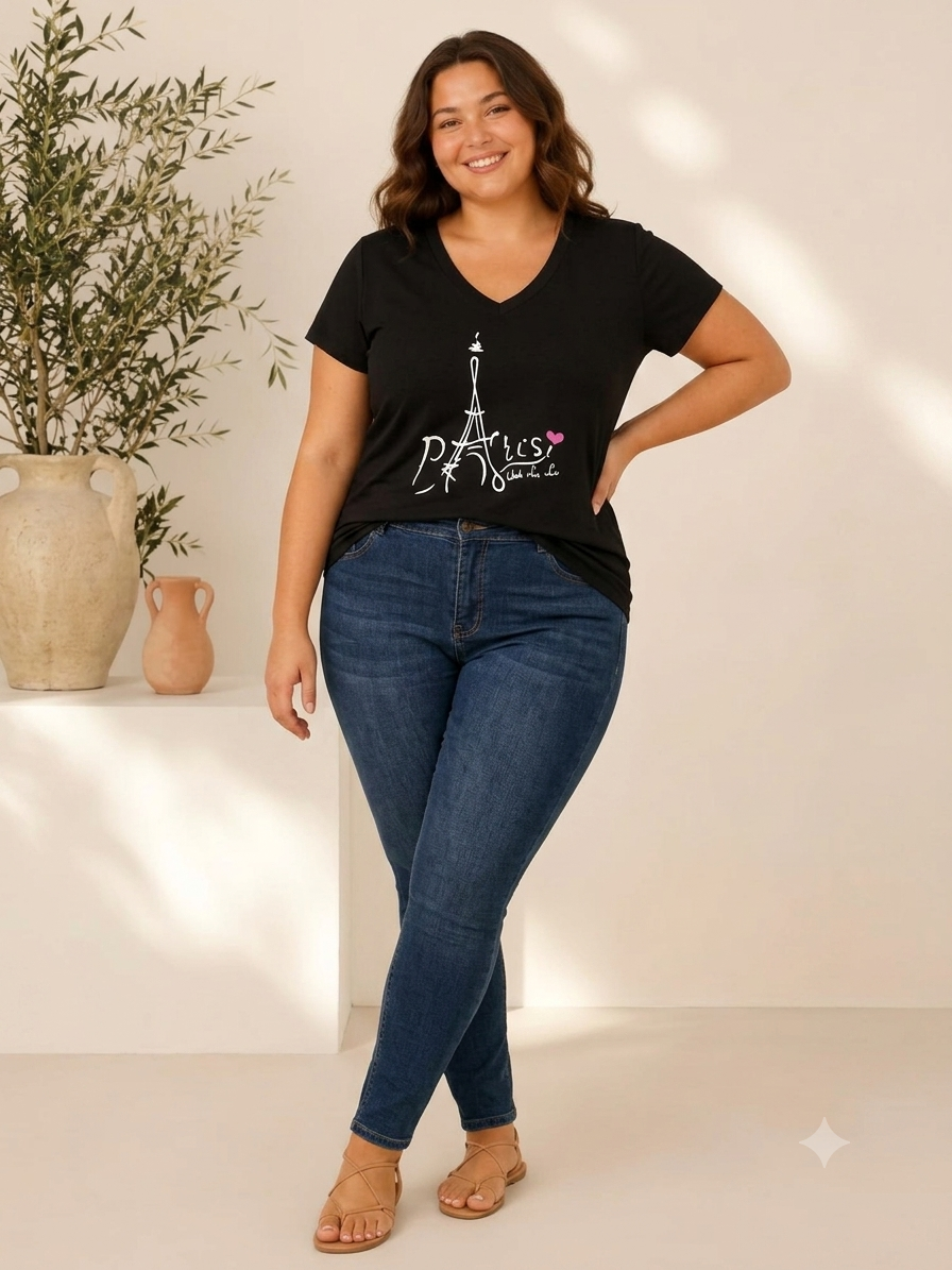 Grande taille Tee shirt noir imprimé Paris