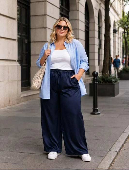 Pantalon large bleu satiné grande taille avec poches