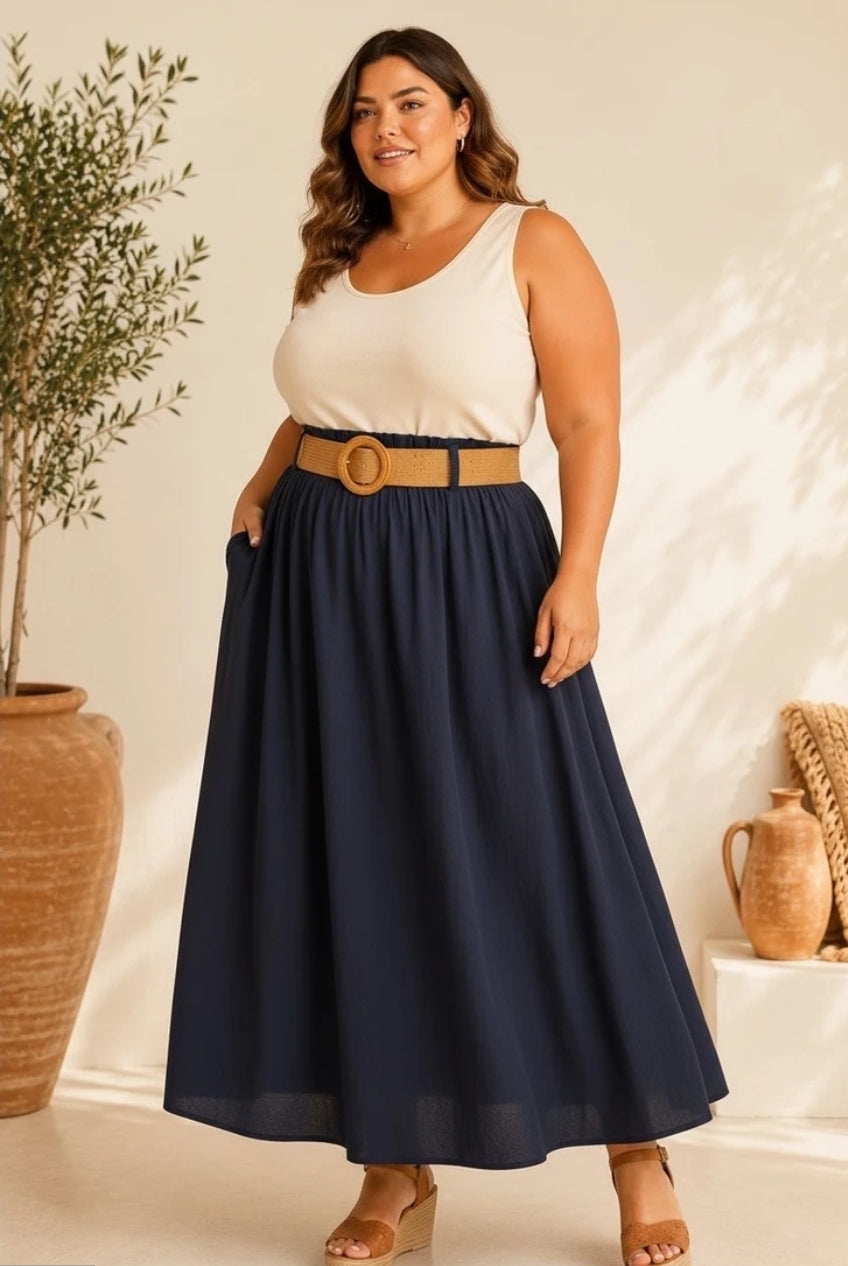 Grande taille Jupe longue bleue avec ceinture