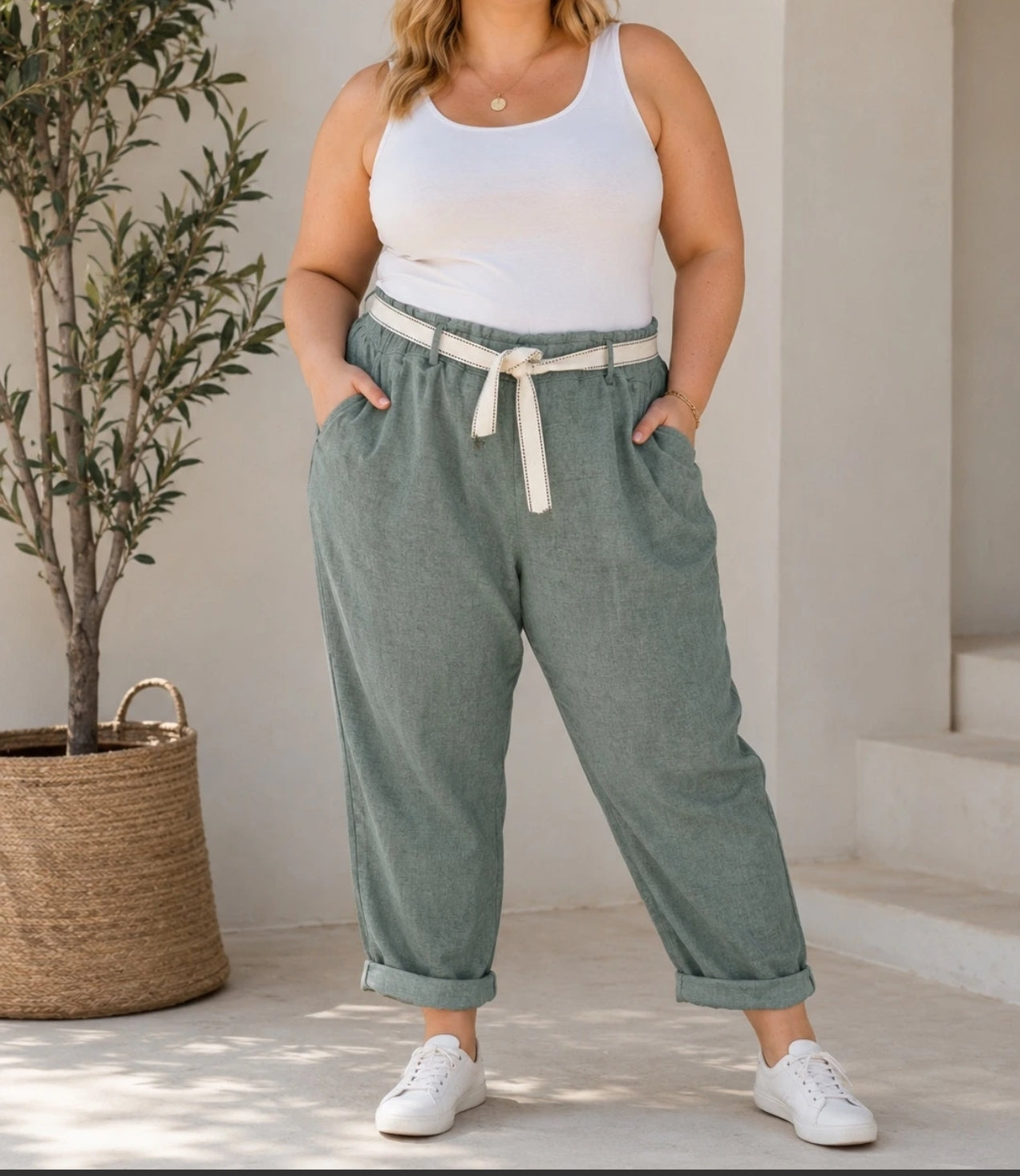 Grand taille Pantalon en coton et lin : Kaki ou noir